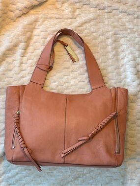 Vince Camuto Peach Leather Expandable Tote Bag with Side Zippers-suede